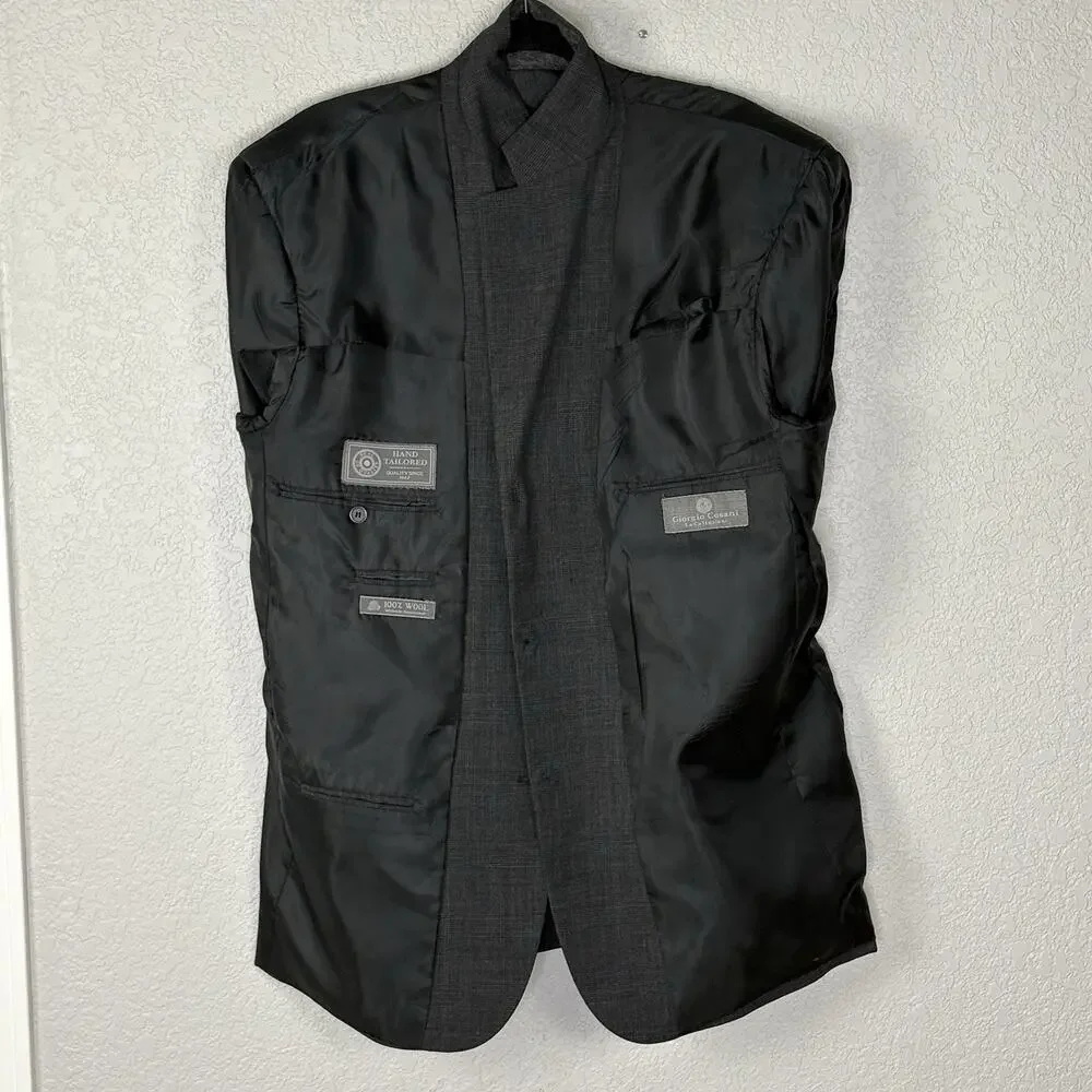 vtg 90s Giorgio Cosani Suit 44R 36X28 Wool 3 Button Pleated Gray Plaid